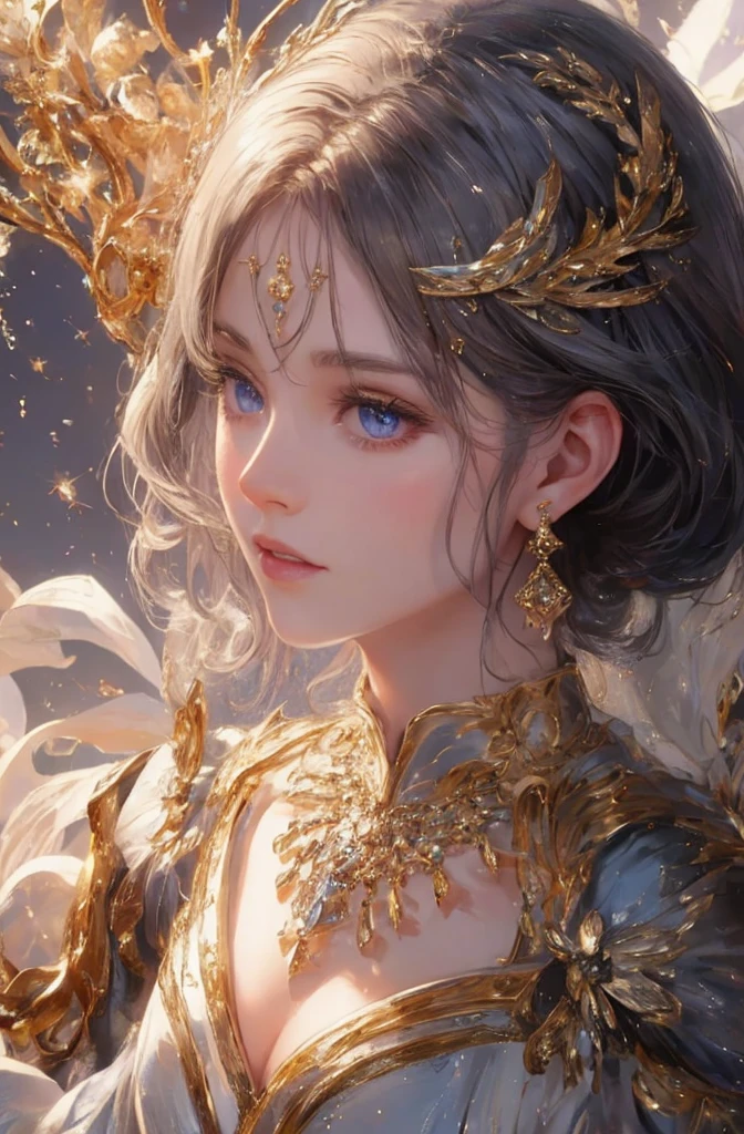 The upper part of the body、The face is front、profile、8K、realphoto、超A high resolution, Master Parts, Best Quality, nffsw , cinematic images,Lovely girl、Ann、16 only、Anglo-Saxon、double eyelid、drooing eyes、Very big eyes、Eyes purple、Dark eye shadow、The lips are very thin、The tip of the nose stretches beautifully....................、the tip of the nose is small,,,,, ighly detailed , Black hair、Straight short hair、ssmile、 Sweet look 、a very beautiful woman、legs are long、 Very clear shadows , jewely , A sexy , A detailed eye, very intricate, shiny skins , Perfect Brilliant, Perfect Lighting, Dramatic shadows、White tiara on head、Gold necklace around the neck、White aristocratic dress with gold embroidery、