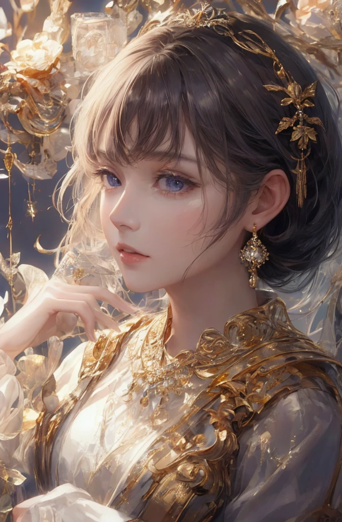 The upper part of the body、The face is front、profile、8K、realphoto、超A high resolution, Master Parts, Best Quality, nffsw , cinematic images,Lovely girl、Ann、 only、Anglo-Saxon、double eyelid、drooing eyes、Very big eyes、Eyes purple、Dark eye shadow、The lips are very thin、The tip of the nose stretches beautifully....................、the tip of the nose is small,,,,, ighly detailed , Black hair、Straight short hair、ssmile、 Sweet look 、a very beautiful woman、legs are long、 Very clear shadows , jewely , A sexy , A detailed eye, very intricate, shiny skins , Perfect Brilliant, Perfect Lighting, Dramatic shadows、White tiara on head、Gold necklace around the neck、White aristocratic dress with gold embroidery、