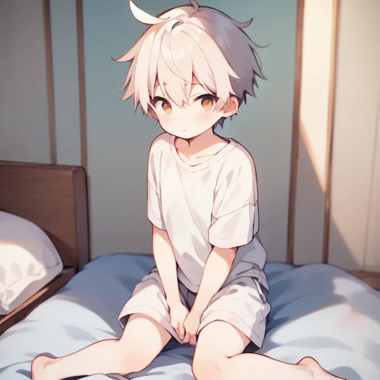 cute boy, Boy 1, 10 years old, Pinkish white skin, Short black hair, two-block style., conjunctivitis, Wear colored shorts, Take off your shirt.., sitting on the bed,