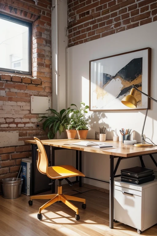 Help me create a small office, with oak colored MDF desk, comfortable white chair, frame with abstract painting in orange and yellow colors, a small potted plant, exposed brick wall, wood floor, plaster lining, warm lighting, silverware and books. ((detaileds)) ((Rendering)) ((Reality)) ((Precision)), bem iluminda