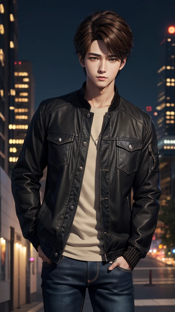 Anime, masterpiece, best quality, extremely detailed, hyperrealistic, photorealistic, Anime young boy 20 years, black jacket, jeans, perfect face, brown hairs, realistic skin, ultra detailed face:1.1, modern city, night, megapolis, serios