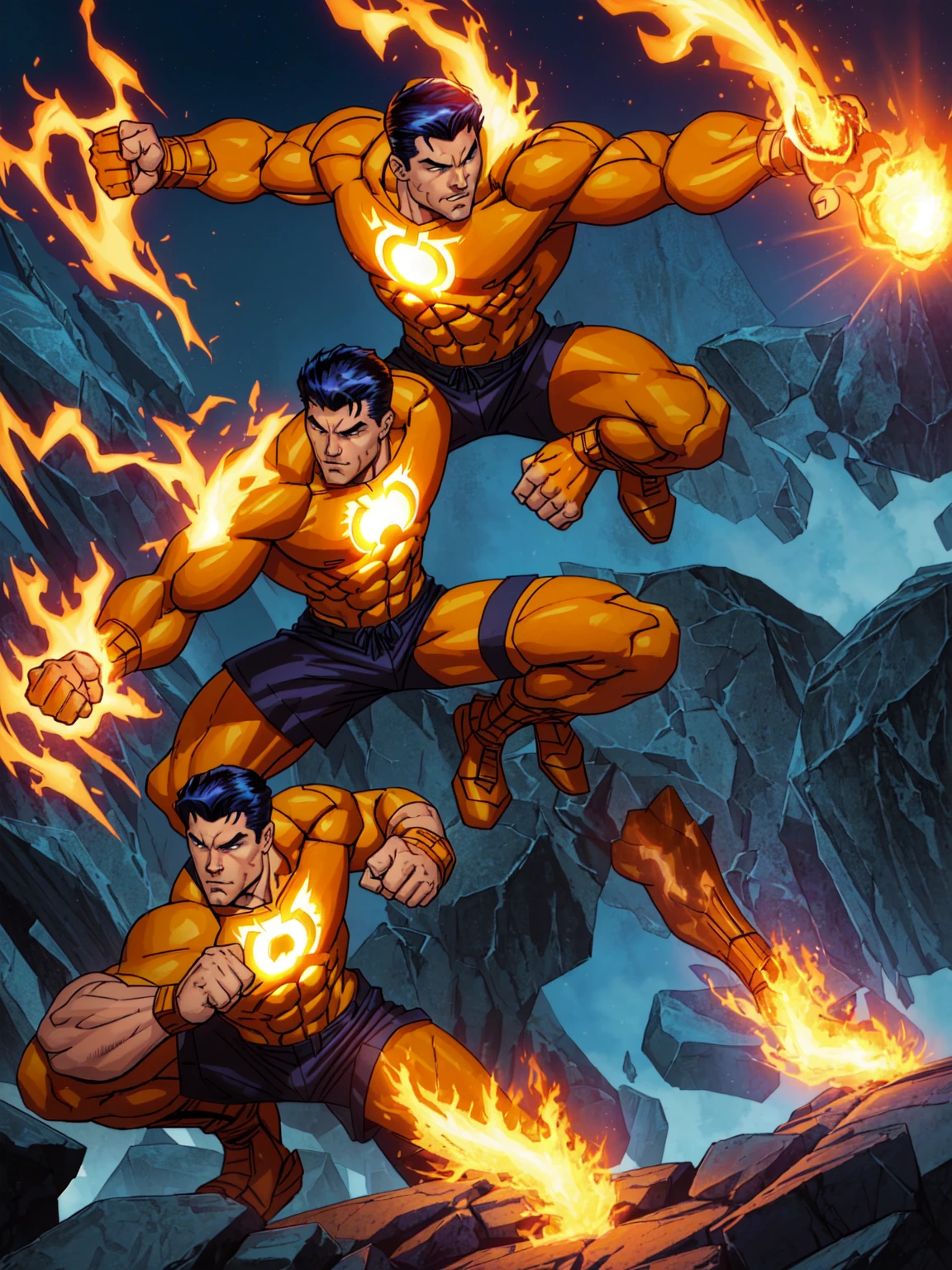 a cartoon of Marvel comic book characters 'The Thing' and 'The Human Torch'. The Thing is an orange rock man in a blue shorts, positing on rock super hero pose, from the thing, high detail iconic character, posing for a fight intricate, crouching humanoid, the thing, most strongest pose, clenching, by Robert Richenburg, fighting pose, buff man, heroic masculine pose, aggressive pose, serpentine pose gesture. The Human Torch is a man on fire, he has yellow eyes and mouth and a red body.
