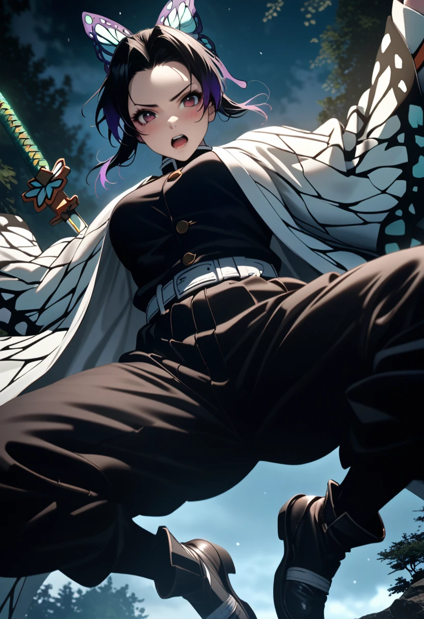 k0ch0ush1n0bu, shinobu kochou, animal print, black hair, butterfly, butterfly hair ornament, butterfly print, forehead, gradient hair, hair ornament, haori, multicolored hair, parted bangs, purple hair, short hair, two-tone hair,belt, black pants, butterfly print, coat, demon slayer uniform, haori, japanese clothes, pants, uniform,,1  japanese muscular girl,perfect hands,perfect anatomy, masterpiece, best quality,realistic, hyperrealistic, 16k hdr,medium breasts,outdoor,night,japanese old garden,(angry:0.8),red blush,dynamic pose,dynamic angle,(jump,in the air:1.2),(from below,spread legs:1.2),(holding japanese sword,butterfly shaped sword guard:1.3) 