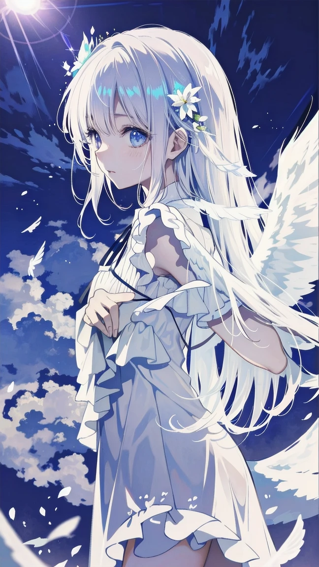 a beautiful angel with flowing white dress, wings spread, hand on hip, side view, (best quality,4k,8k,highres,masterpiece:1.2),ultra-detailed,(realistic,photorealistic,photo-realistic:1.37),HDR,UHD,studio lighting,extremely detailed face and eyes,delicate facial features,long eyelashes,smooth skin,intricate dress folds,glowing skin,angelic expression,sunlight streaming through clouds,simple background