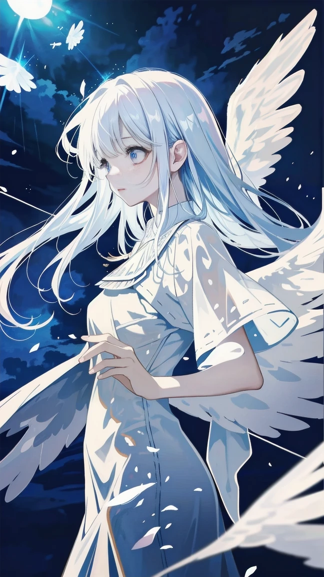 a beautiful angel with flowing white dress, wings spread, hand on hip, side view, (best quality,4k,8k,highres,masterpiece:1.2),ultra-detailed,(realistic,photorealistic,photo-realistic:1.37),HDR,UHD,studio lighting,extremely detailed face and eyes,delicate facial features,long eyelashes,smooth skin,intricate dress folds,glowing skin,angelic expression,sunlight streaming through clouds,simple background