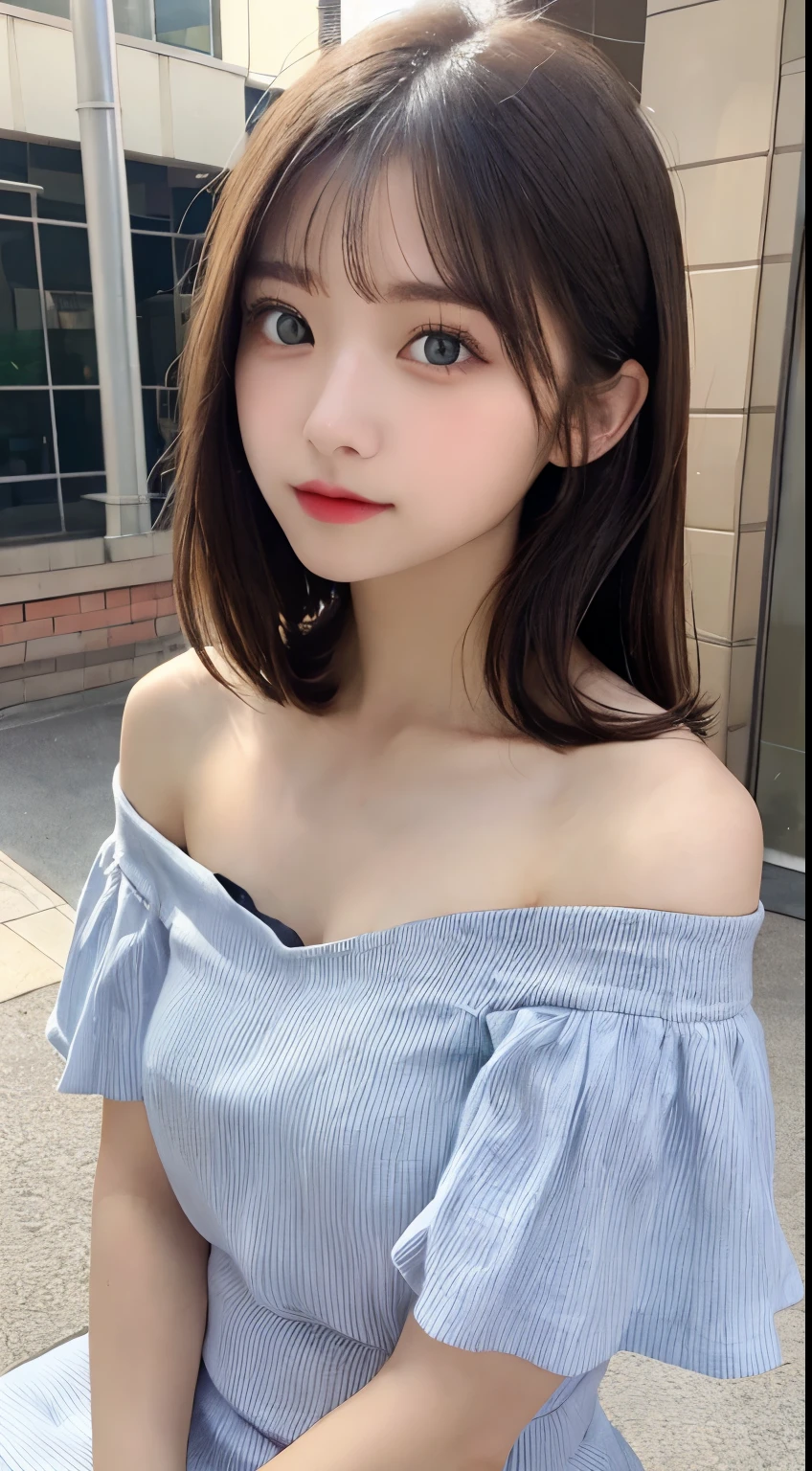 highest resolution, top quality, Complete dynamic configuration, beautiful detailed eyes, off shoulder、shiny hair、medium hair, natural color lip, College student、harajuku、sunglasses、Sedentary PE