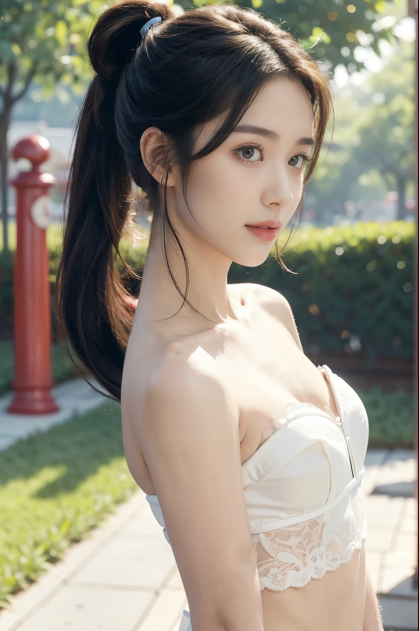 (((best quality))),(((ultra detailed))),(((masterpiece))),illustration,((1 beautiful girl,solo)),((slim,thin)),((small breasts,flat chest)), outside school gate, summer twilight, sunlight,(short ponytail:1.3),((strapless white bra)),animated face, excited eyes, sounds of laughter, chatter, excitement of summer vacation, air filled with energy, school gate golden glow, symbol of end of academic year, schoolyard transformed, reunion, farewells, embracing setting sun, face illuminated, moment captured, fleeting instant, essence of summer, carefree spirit, youthful exuberance, embodiment of season, sun dips, rosy glow, joy of living,promise of adventures,((from front,close-up of face)),(surrounded by crowded crowds:1.3)