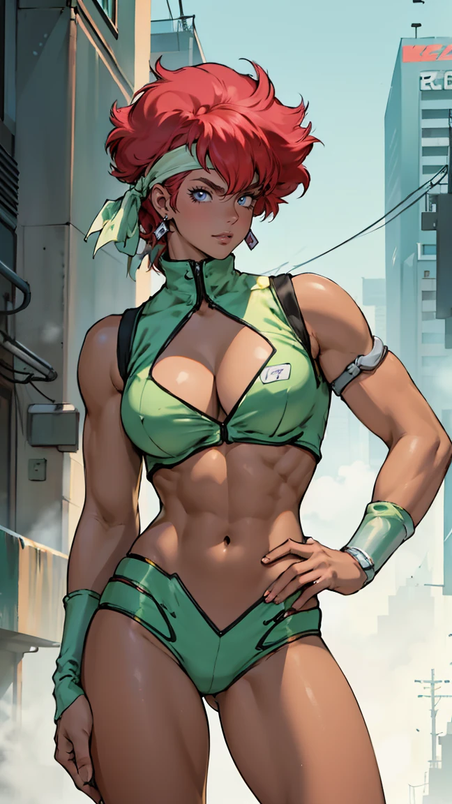 ((Masterpiece, highest quality; 1.3)), super quality, beautiful detail, super detailed, extra fine, 16K, exquisite, absurd, high resolution, beautiful background, detailed background, beautiful eyes, beautiful skin, anime style, Kay from Dirty Pair in a high white outfit, cleavage, bushy redhead beauty, white uniform, wearing tight clothes, skimpy, (mid chest: 1.2), cleavage, cleavage, ( Muscular body: 1.2), abs, obliques, muscular biceps, slim waist, slim thighs, thigh gap, showing stomach, skinny, thin hips, cyberpunk city background, retro space gun holding, green headband, emerald green headband