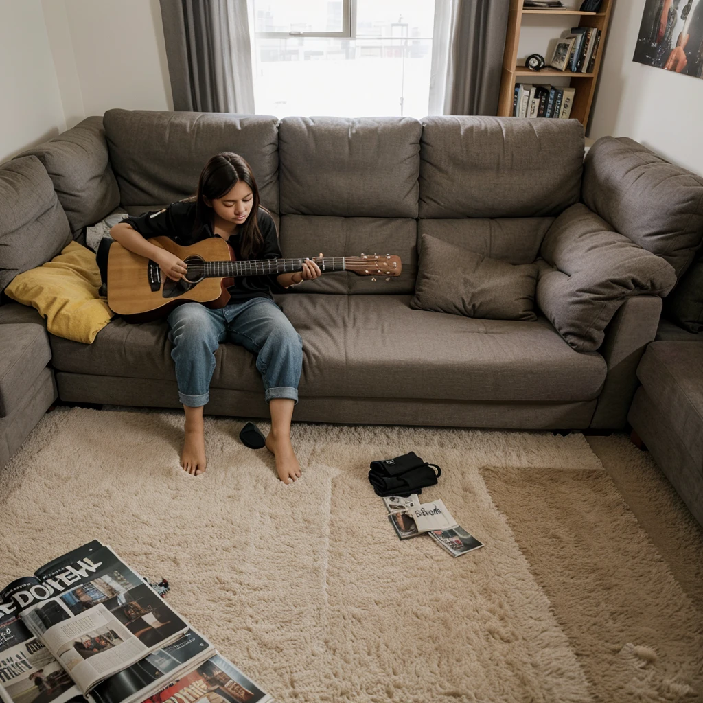 A guitar is placed on a comfortable sofa,There are a few random pieces of clothing on the sofa.,Shows the daily life of the residents。There are some books and magazines scattered under the sofa.