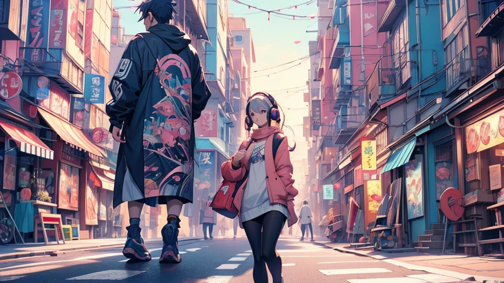 Woman wearing headphones, Anime Style 4 k, anime wallpaper 4k, anime wallpaper 4k, 4k anime wallpaper, anime art wallpaper 4k, anime art wallpaper 4k, Anime Style. 8K, Anime atmosphere, , Ultra HD Anime Wallpaper, Anime Art Wallpaper 8K, Anime Background,landscape、stroll、Town