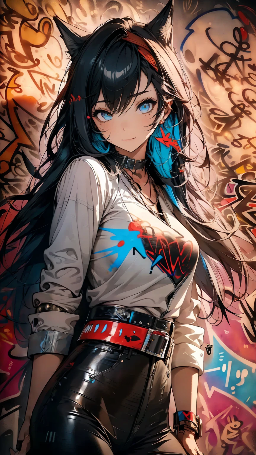 masterpiece, Best quality, 1 girl, One, BLAZE (Arknights), (graffiti:1.5), splashes of paint, hands on the belt, near the wall, Looking at the viewer, Paint on the body, head tilt, bored,