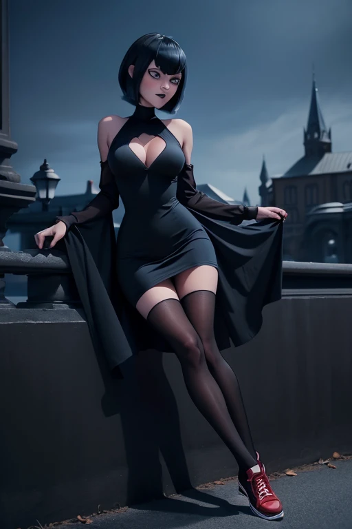 Mavis dracula sexy tight black dress with sleeves and sexy neckline, gothic makeup short hair bob style thick and voluminous lips perfect detailed blue eyes open legs red Converse tennis shoes slender body 1.2 high resolution image 12k blue sky background