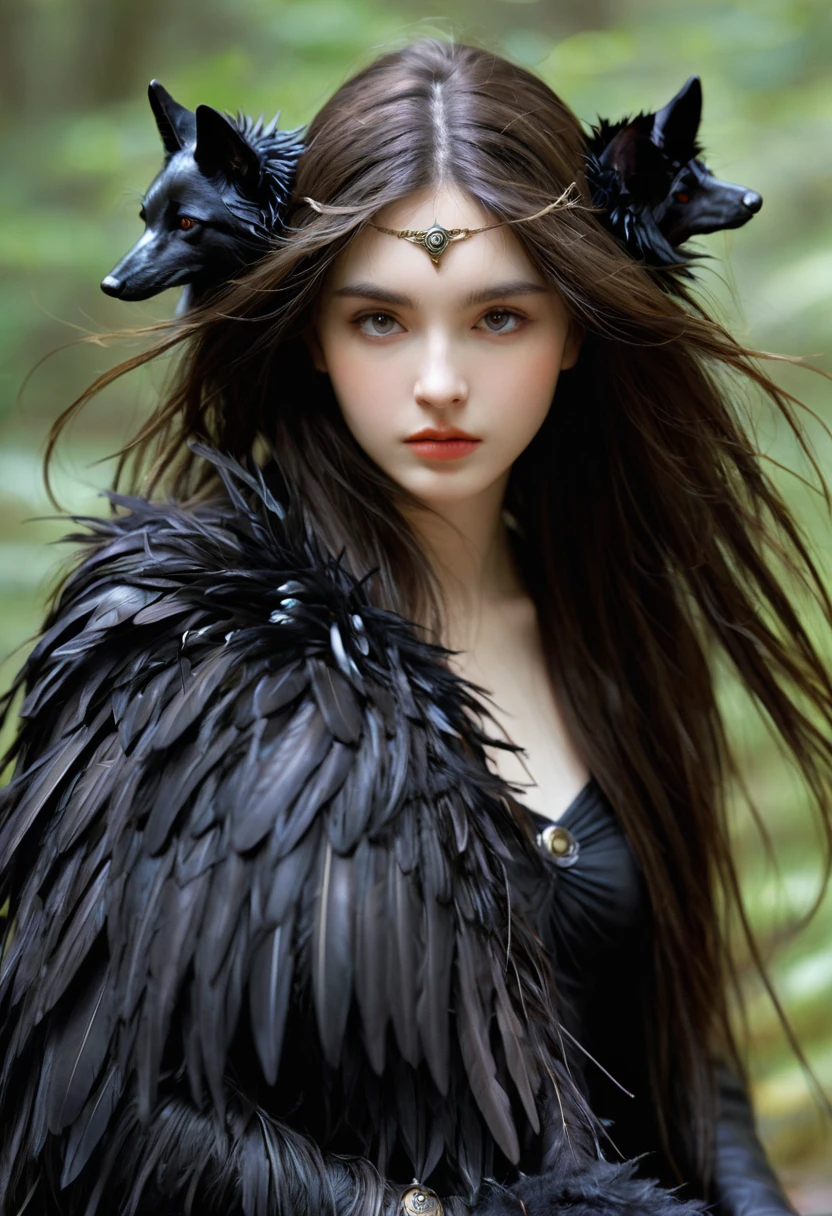 Brian Froud Style, painting, Chiaroscuro, Comic Style, A hybrid creature,With wolf body and head,But there are crow feathers and tails, exist (cold pressed 300g/m² cottexist paper), Dynamic, Very detailed, artstatiexist, cexistcept art, Smooth, Clear focus, illustratiexist, John William Waterhouse (John William Waterhouse) Artworks, details by Carl Larssexist, Detailed cave background, 60-30-10 Color Rule, warm texistes, Light, Studio Lighting, White background, Soft colors