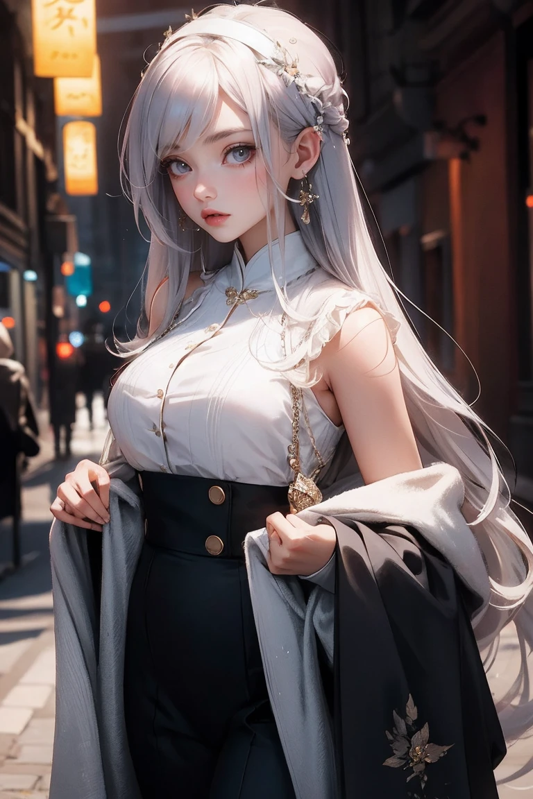 extremely detailed CG unity 8k wallpaper,(masterpiece),(best quality),(ultra detailed),(ultra realistic),(Best character details:1.36),nikon d750 f/1.4 55mm,dynamic angle,professional lighting, photon mapping, radiosity, physically-based rendering, outdoors,busy street,looking at viewer,blush, 1girl,mature female,milf,tall body,golden proportions,(Kpop idol),(shiny skin:1.2),(oil skin:1.1),makeup,[:(high detailed face:1.2):0.2]:,PureErosFace_v1, ((wavy gray hair and a sophisticated sense of style)),(aegyo sal:1),(puffy eyes),(eyelashes:1.1),(parted lips:1.1),red lipstick,wide shoulders,(medium breasts:1.1),(cleavage:1.1),animal ears,(big ass:1.2),thighhighs, Hanfu, tang, Tang Dynasty, Tang clothing