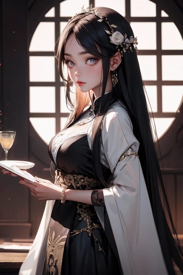 Masterpiece Good Night Full Moon 1 Sister Yu Jie is cold and expressionless, woman with long silvery hair, Pale pink lips, Calm and intelligent, Three-banded Grey-Eyed Assassin's Dagger, Flowers, Hand Detail, Finger details,