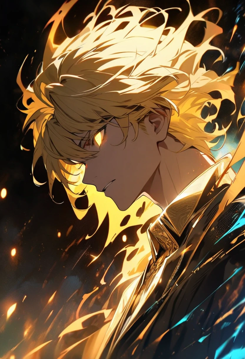 male, solo, handsome, blond hair, god, god eyes, glowing eyes, light, aura, holo, golden, side view, face close