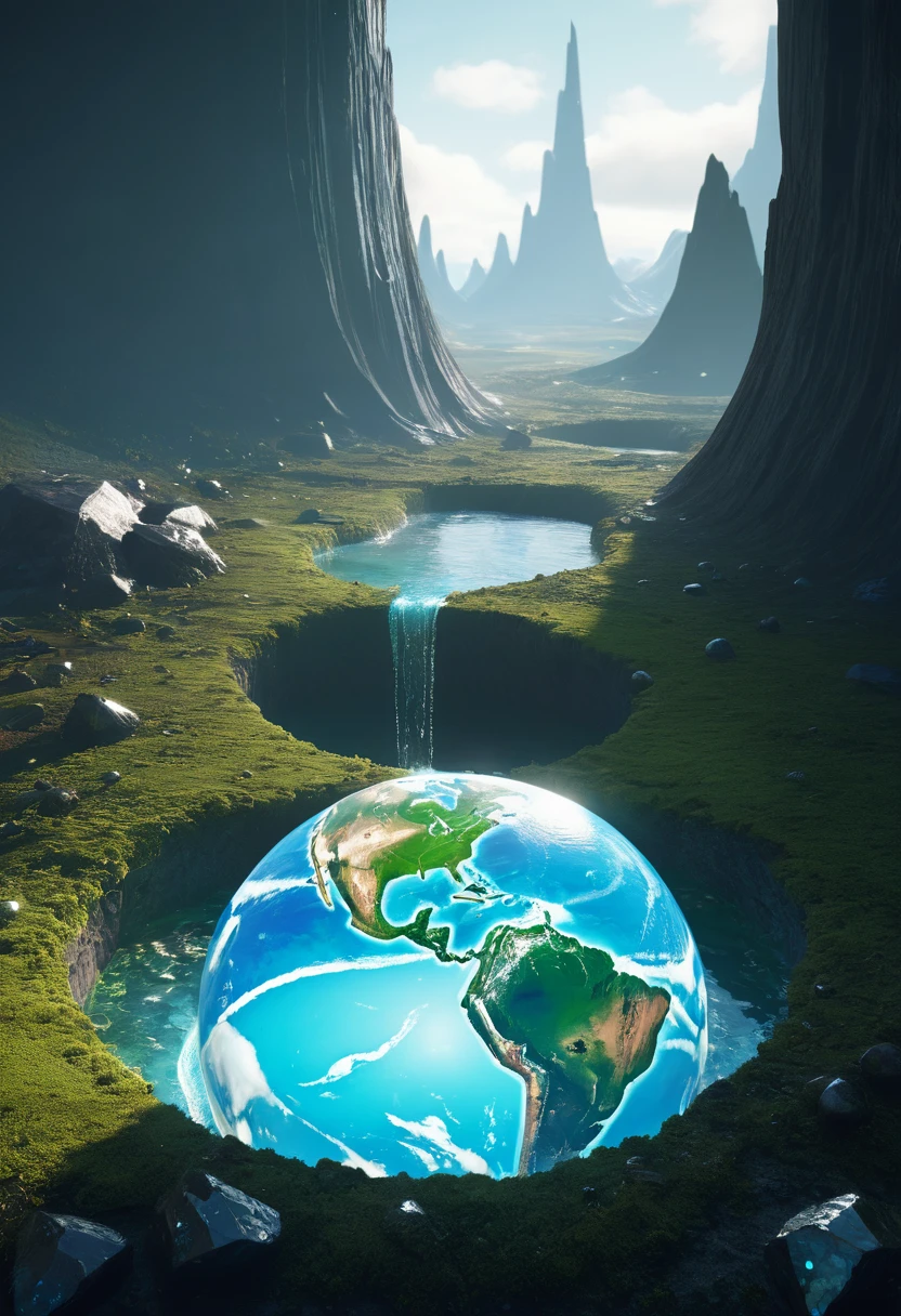 A flat world filled with gems, planet, Octane Rendering, Surreal