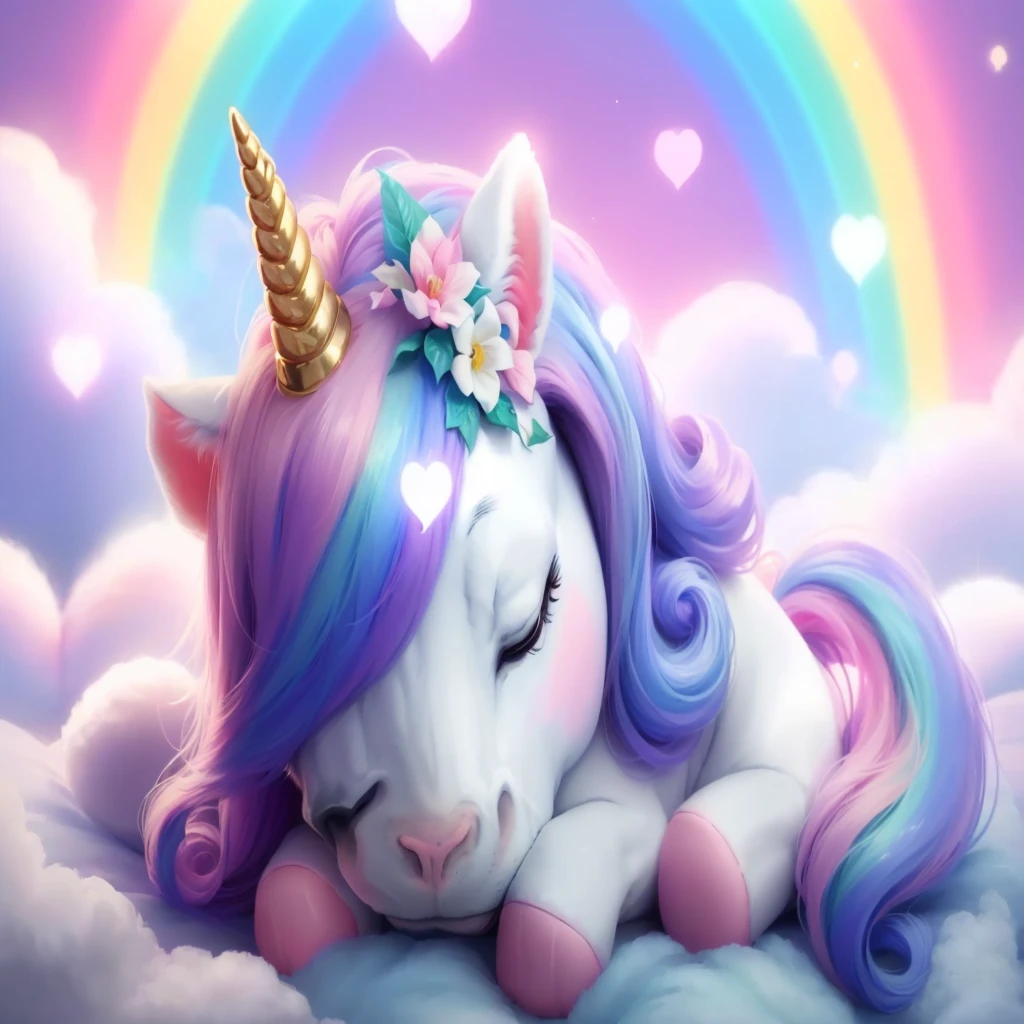 unicorn sleeping on a cloud with a rainbow in the background, unicorn, Cute digital art, So magical and dreamy, Adorable digital painting, a unicorn, Cute and detailed digital art, unicorns, white unicorn, Cute Core, Lisa Frank, Dreamy Art, Happiness Bravery Magic Cuteness, Profile photo, High-resolution wallpapers, Dreamy details, Beautiful and cute, 8k high quality detailed art