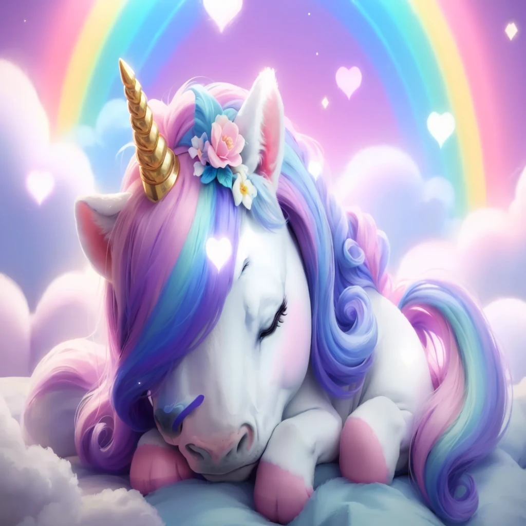 unicorn sleeping on a cloud with a rainbow in the background, unicorn, Cute digital art, So magical and dreamy, Adorable digital painting, a unicorn, Cute and detailed digital art, unicorns, white unicorn, Cute Core, Lisa Frank, Dreamy Art, Happiness Bravery Magic Cuteness, Profile photo, High-resolution wallpapers, Dreamy details, Beautiful and cute, 8k high quality detailed art