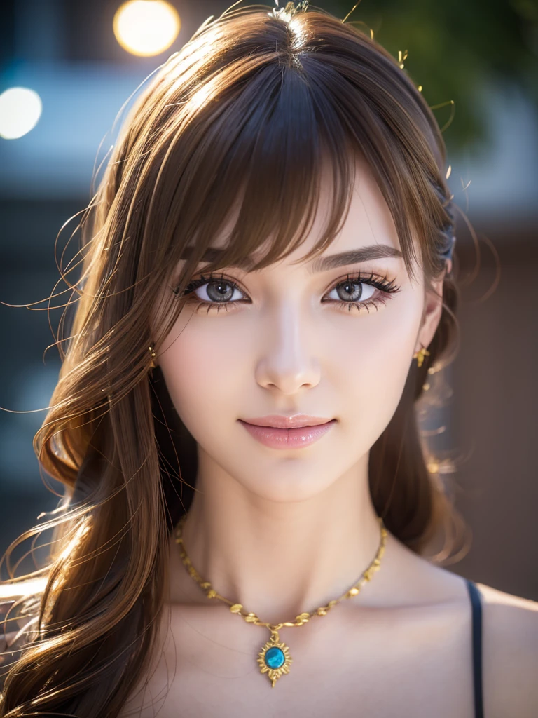 a beautiful young russian woman, detailed face, ((high quality)), photorealistic, stunning eyes, long eyelashes, flawless skin, light brown hair, tight waist, necklace, active posing, long hairstyle, vivid colors, masterpiece, best quality, confident expression, ultra-detailed, (realistic:1.37), 8K, HDR, studio lighting, physically-based rendering, professional, vivid colors, bokeh, beautiful figure, gorgeous lips, smile、Soak in a hot spring