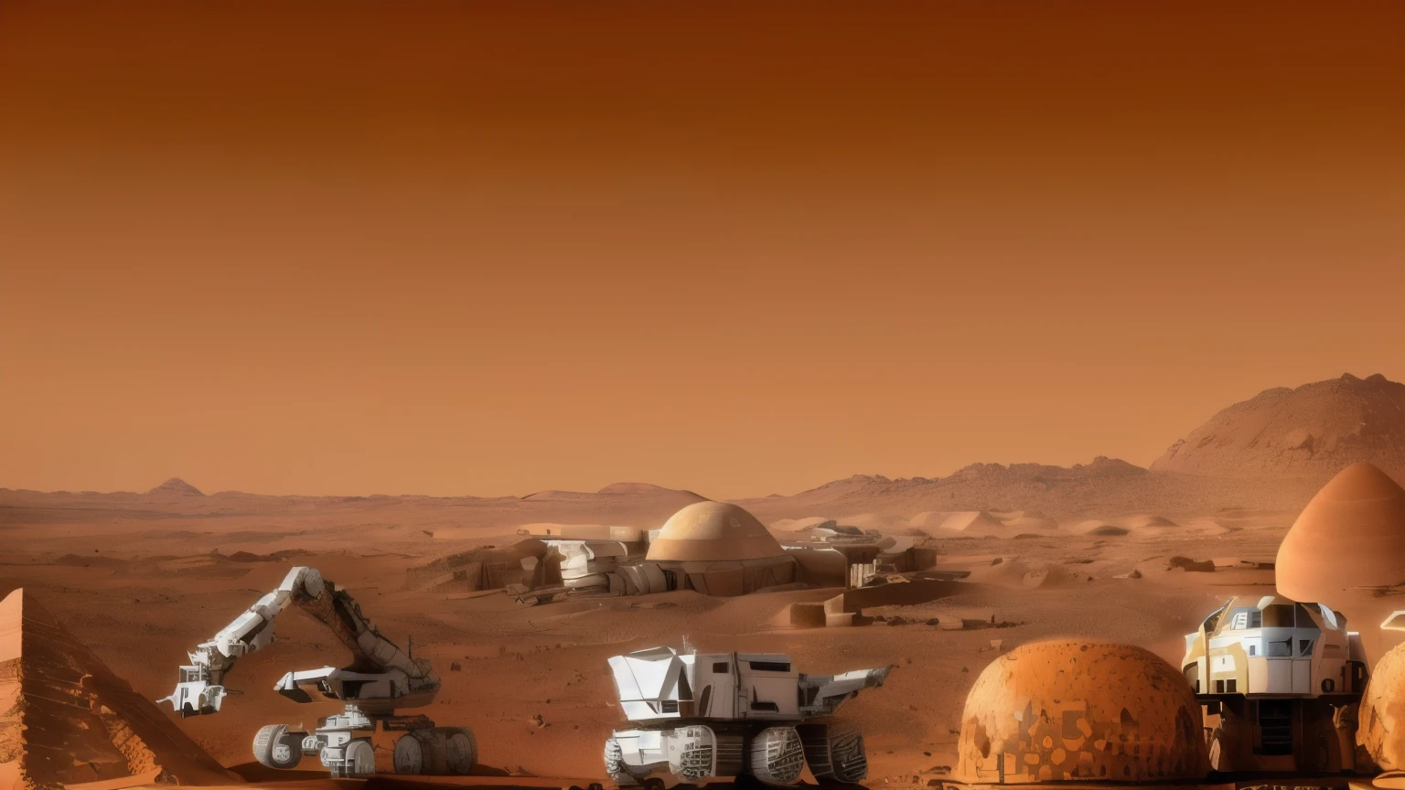 There are many different types of vehicles in the desert, Mars base, Martian colony, Martian colony, Mars One mission, Mars City, Mars Mission, Musk’s plan to colonize Mars, On the orange surface of Mars, Mars City, Martian Architecture, On a distant desert planet, Abandoned on Mars, On the surface of Mars,There is a transport vehicle,There is a robot car building the pyramids,There are alien buildings,I hope to keep the original details,Realism,8K。