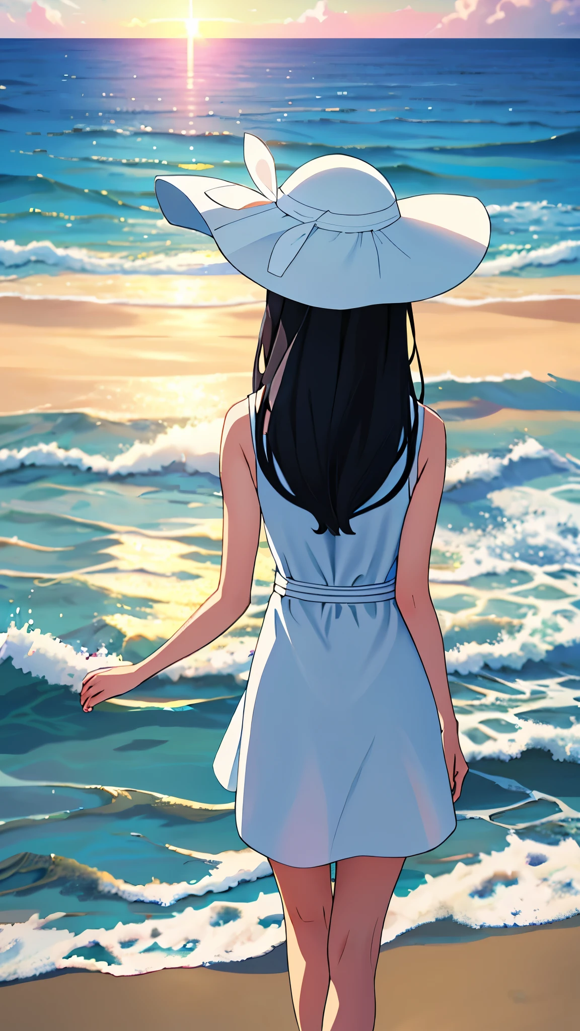 beach, best quality, masterpiece,、beautiful girl、slim、one person、Long Hair、White sleeveless、White dress、Back view、
sea beach,Black hair,evening,Background of bblurry,daysies,,cparted lips,the ocean,Summer daysies,Sun hat,Going off into the sunset、