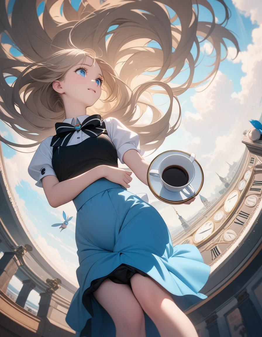 (8K, best quality, master piece: 1.2), super high resolution,Depth of written boundary,upside-down composition,ultra-detailed face,detailed eyes,blue eyes,Beige Hair,Alice from Wonderland,blak facinator ribbon decoration,Alice costume,Holding down skirt,coffee cup, clock and rabbit floating in the air,Alice is flying