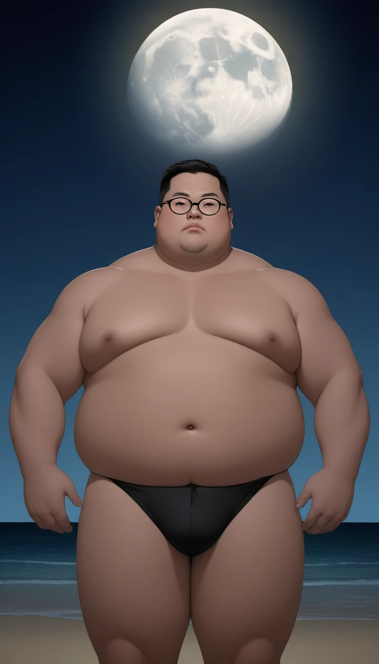 A fat man,Obsessed with the eyes,Black round glasses,short hair,Round inches,Big round face,Very large and well-developed chest muscles,Big full belly,Standing on the sandy beach at night with the moon far away,The upper body is bare,Wearing black briefs with a bulge in the crotch,Oriental male,full-body shot