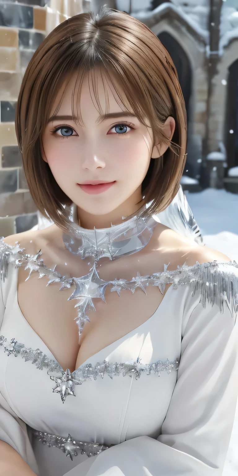 Realistic、Highest quality、Highest quality、masterpiece、Ultra-high resolution、RAW Photos、Realistic、Bright lighting、Face Light、Smooth Professional Lighting、Looking into the camera、alone、Adult female、Beautiful woman、Super Beauty、Realistic肌、Moisturized Skin、Realistic eyes and faces、Perfect model body shape、Beautiful Eyes、Big eyes、Inconspicuous tear bags、slim、Medium sized big breasts、Very good、Beautiful fingers、Very short hair、Black Hair、black eye、Looks happy、Cowboy Shot、(Both ears are hidden by hair)、(((Ice Witch)))、Fantasy World、Medieval Europe、The snow queen、ice magic、ice sculpture、Ice Country、