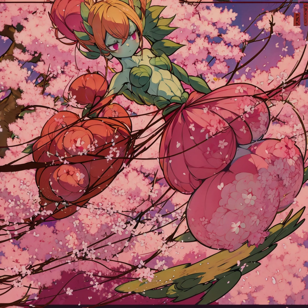 masterpiece, best quality, extremely detailed, アニメ, {{plant thorny shrub around her}}, monster girl, mandrake, flower girl, {{fusion of cherry blossom and girl, }}, {{{{lower body united with flower }},, Cherry-blossom color hair, crimson eyes, hair so long it reaches the ground, pink kimono, Office,prostitute, different world, Weapons Japanese Sword, The Wizard of Cherry 、Traptrix、The lower half of the body is embedded in the flower,Florabeast,plant girl