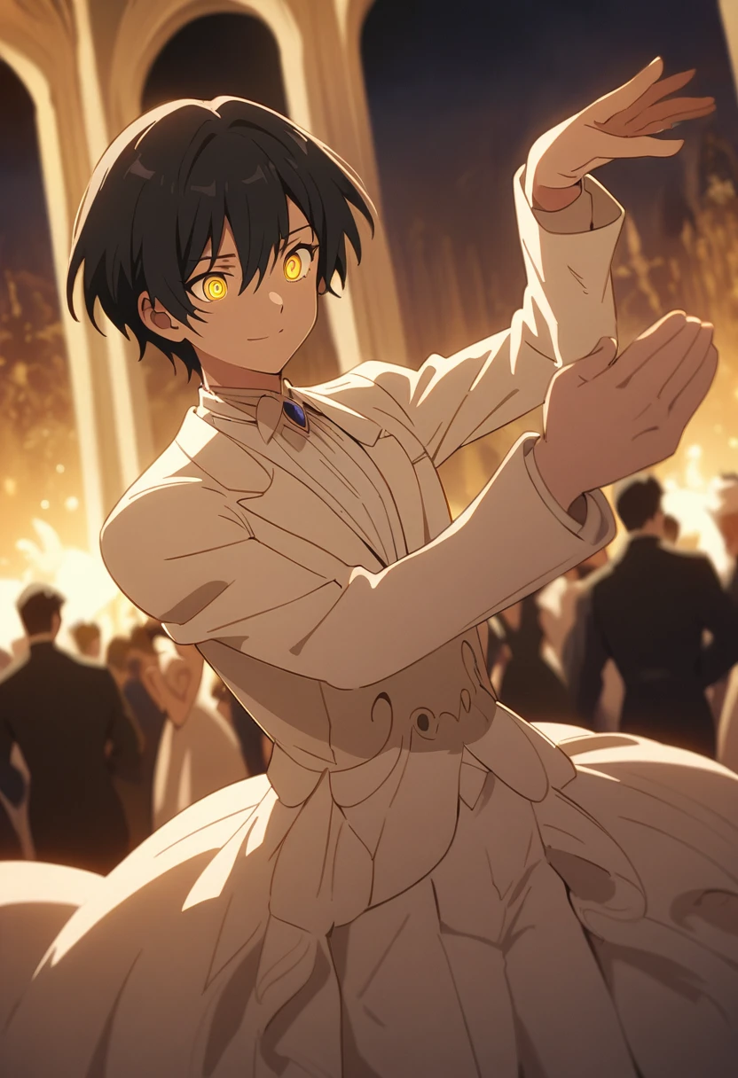 ((Highest quality)), ((masterpiece)), (detailed), ((Perfect Face))、noah, boy, Black Hair、Golden Eyes、Broad shoulders, Detailed drawn eyes、At the royal ball, Dancing gracefully, evening, formal, Wide-angle shot, Soft Ambient Lighting, character costume, Silky, elegant, anime style, attractive anime, pixiv fan art