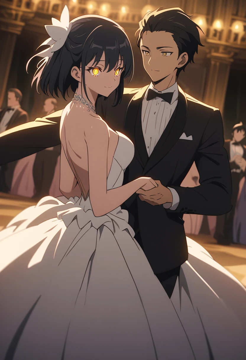 ((Highest quality)), ((masterpiece)), (detailed), ((Perfect Face))、noah, boy, Black Hair、Golden Eyes、Broad shoulders, Detailed drawn eyes、At the royal ball, Dancing gracefully, evening, formal, Wide-angle shot, Soft Ambient Lighting, character costume, Silky, elegant, anime style, attractive anime, pixiv fan art