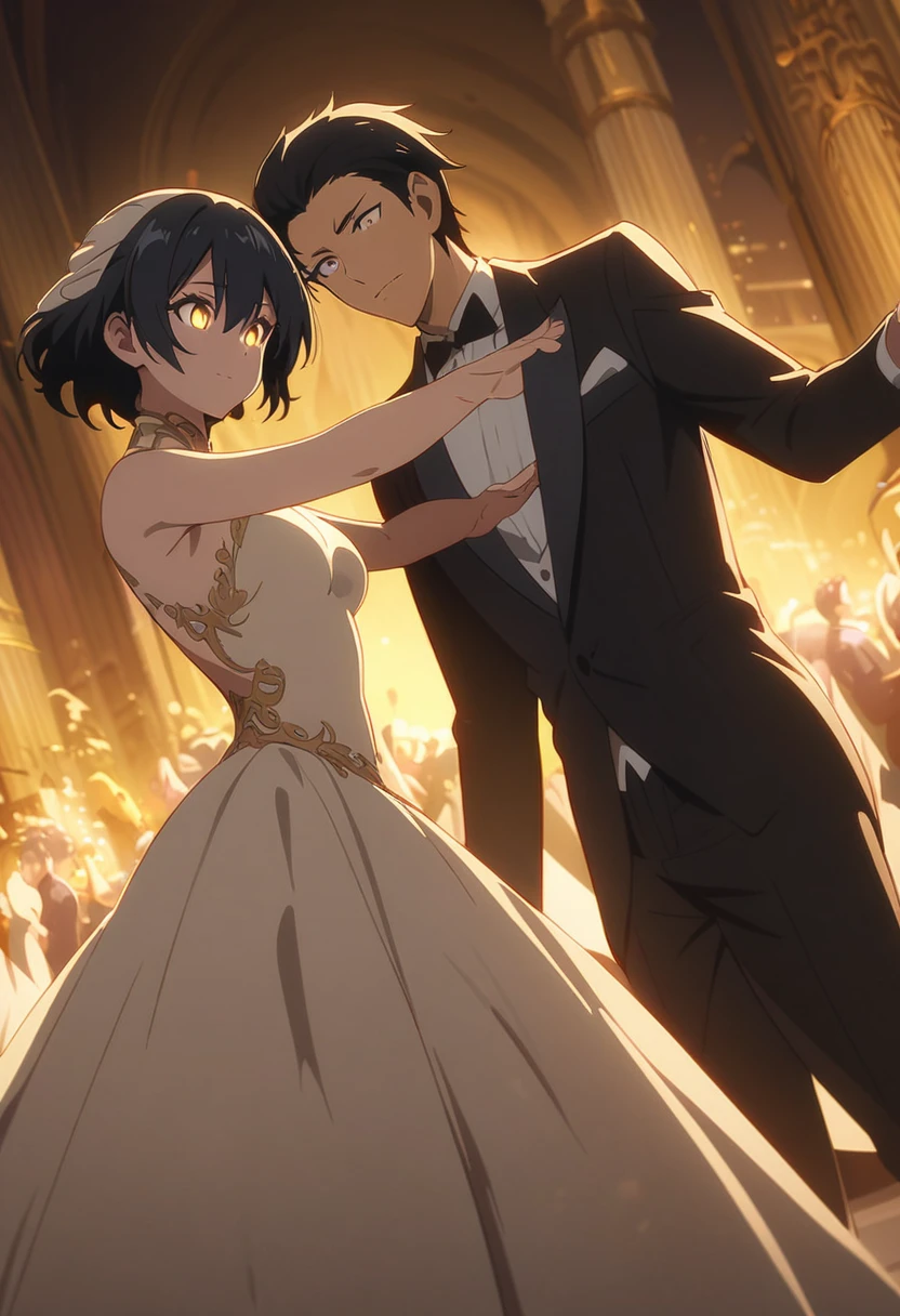 ((Highest quality)), ((masterpiece)), (detailed), ((Perfect Face))、noah, boy, Black Hair、Golden Eyes、Broad shoulders, Detailed drawn eyes、At the royal ball, Dancing gracefully, evening, formal, Wide-angle shot, Soft Ambient Lighting, character costume, Silky, elegant, anime style, attractive anime, pixiv fan art