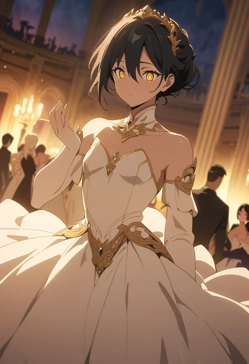 ((Highest quality)), ((masterpiece)), (detailed), ((Perfect Face))、noah, boy, Black Hair、Golden Eyes、Broad shoulders, Detailed drawn eyes、At the royal ball, Dancing gracefully, evening, formal, Wide-angle shot, Soft Ambient Lighting, character costume, Silky, elegant, anime style, attractive anime, pixiv fan art