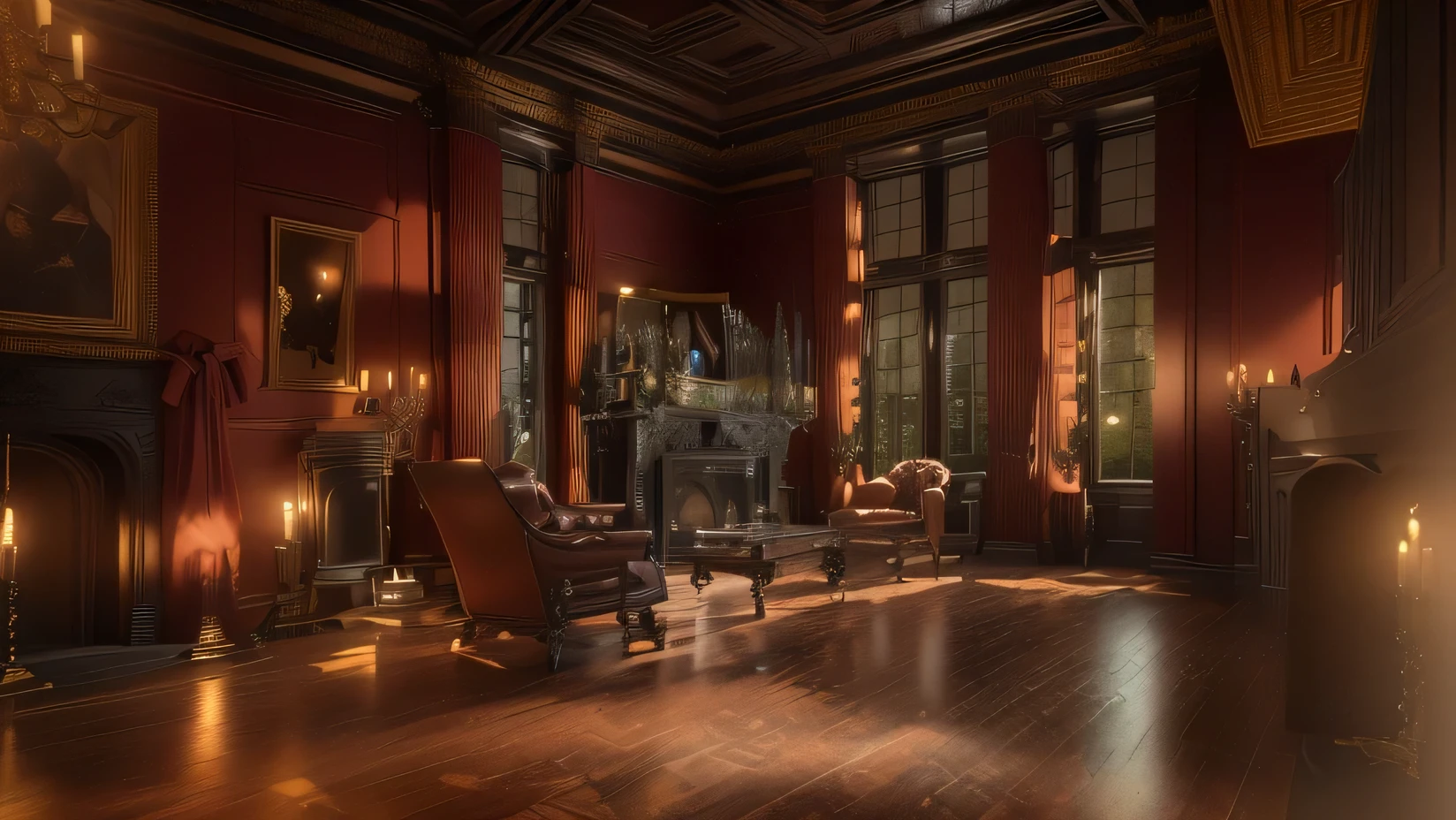there is a room with a fireplace and a chair in it, gothic mansion room, room of a dark mansion, victorian room, interior of a victorian house, rendered in unreal engine 4k hq, rendered in unreal engine 4 k hq, in a dusty victorian home, rendered in unreal engine 6, dramatic lighting render, gothic interior, highly detailed 3d render