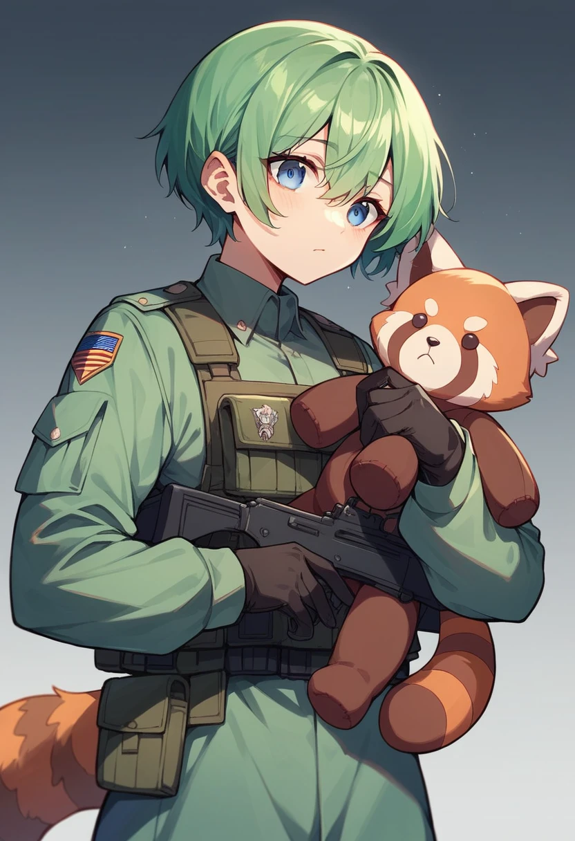 Green Hair girl Blue Eyes Short Hair Red panda stuffed toy Second Dimension anime Combat Uniform An illustration