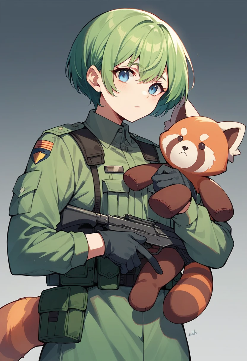 Green Hair girl Blue Eyes Short Hair Red panda stuffed toy Second Dimension anime Combat Uniform An illustration