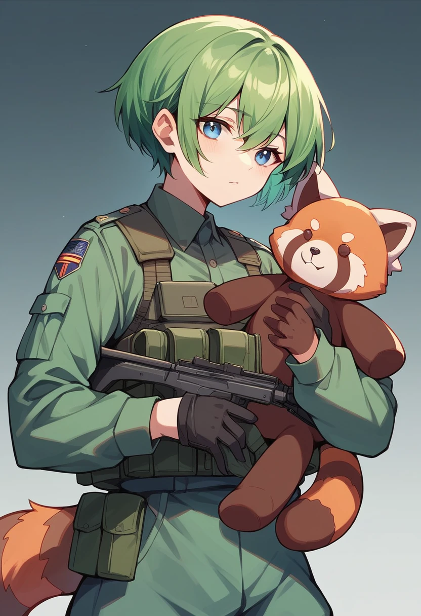 Green Hair girl Blue Eyes Short Hair Red panda stuffed toy Second Dimension anime Combat Uniform An illustration