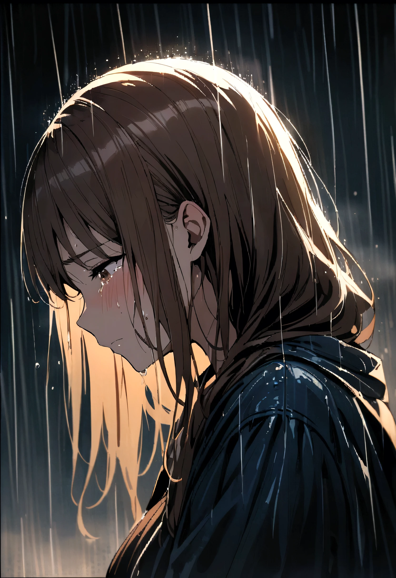 woman、Blushing、Brown Hair、Profile of a person looking down and crying、Soaked in the rain、rainy outdoors、Dark Background