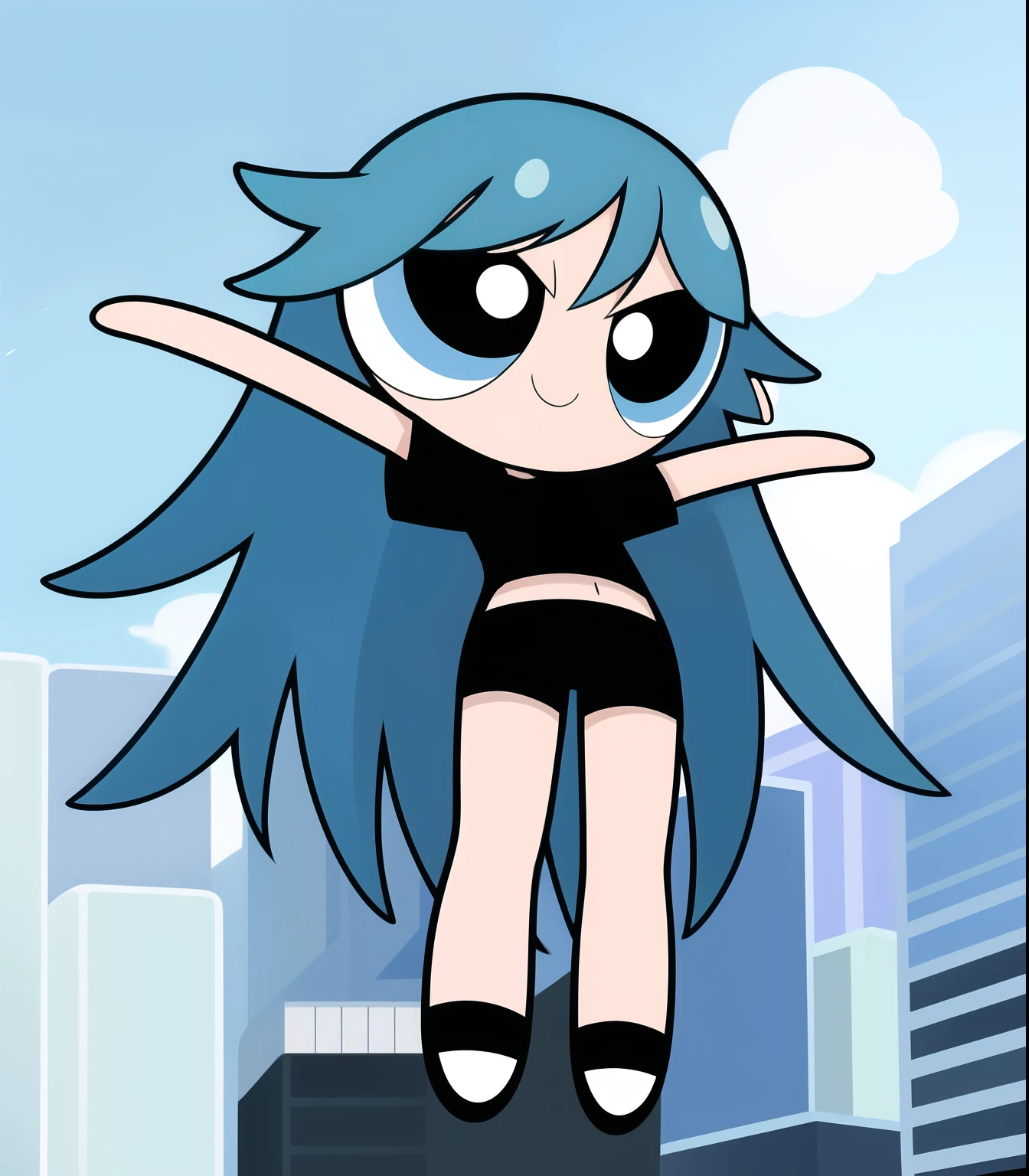 ((( blue sky long hair,))) smile, chibi, full body,1girl, yellow eyes, Black short-sleeved shirt showing off your stomach, black shorts,