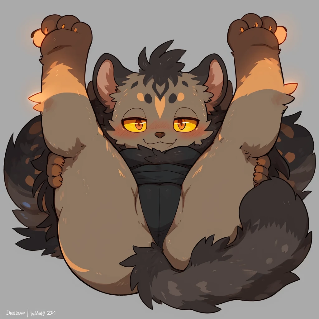 by wfa, by donkeyramen, (by syuro:0.2), palm_civet, nocturnal mammal, Shaggy Tail, civet eyes, absurd_res, hi_res, bedroom_eyes, brown_nose, ccheek_tuft, eyelashes, facial_tuft, female, fluffy, big fluffy_tail, fur, big_eyes, plump fur, looking_at_viewer, lying narrowed, simple_background, smile, solo, spread_legs, spreading, tail, tuft, gold_body, gold and brown_fur, orange_eyes, neon_glowing_eyes, glowing_eyes,(yellow sclera), black pupils, long hair, buff or grayish in color, with black spots or stripes, or both.