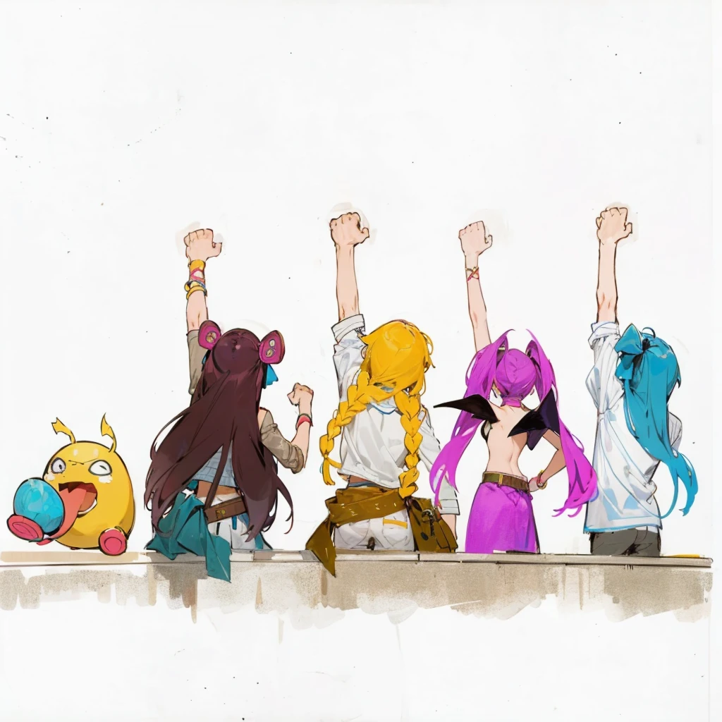 Manga illustrations Raise your fist Back view fellow Raise your arms cool Departure pirate men and women Background white