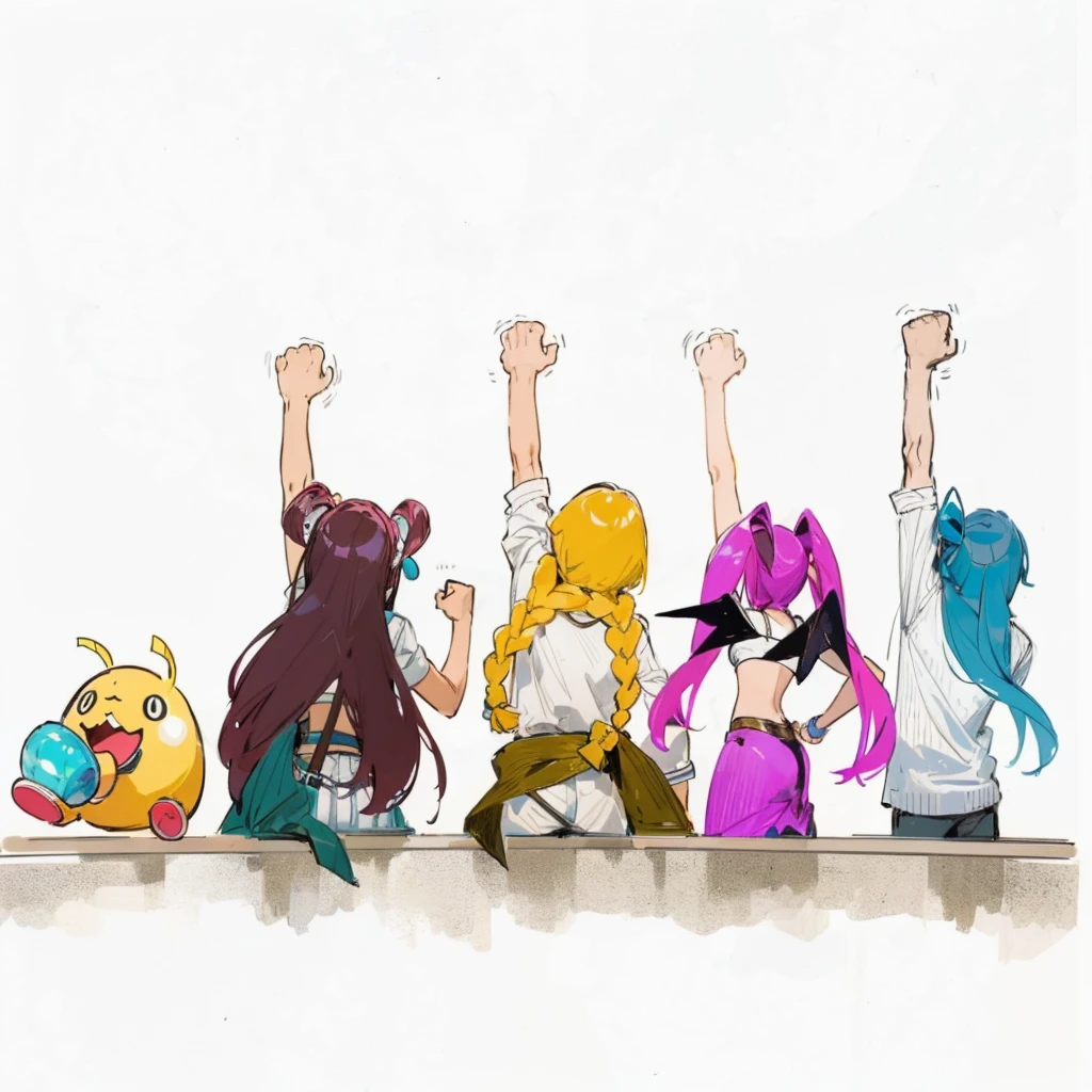 Manga illustrations Raise your fist Back view fellow Raise your arms cool Departure pirate men and women Background white