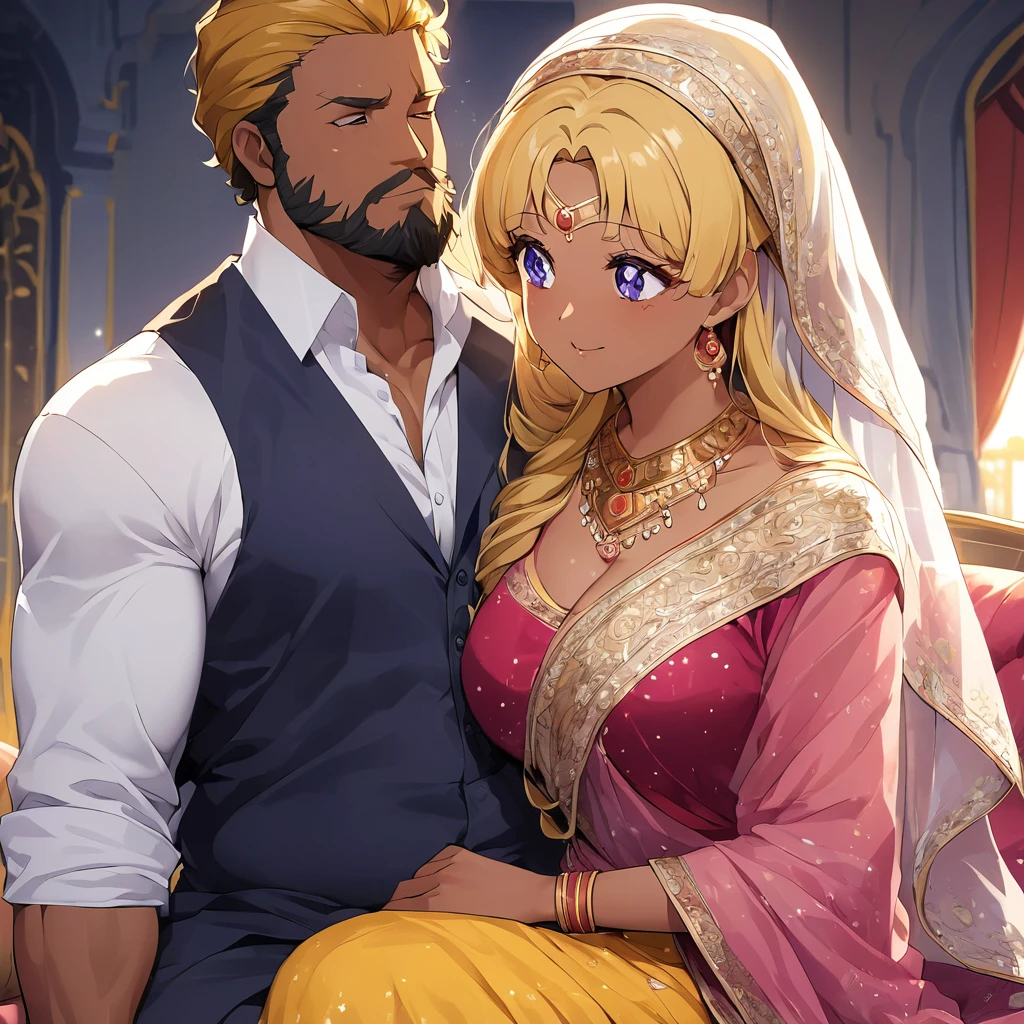 ((Highest quality)), ((masterpiece)), (detailed), （Perfect Face）、The woman is a Hindu Indian named Tsukino Usagi with vivid brown skin and a red bindi on her forehead. She is wearing a gorgeous, glittering, colorful sari of a traditional Indian wedding dress, a colorful hijab, a bindi, a gorgeous hair ornament, gorgeous jeweled accessories, and an engagement ring in a luxurious Indian mansion. The woman and the man are sitting on a luxurious, large sofa in a luxurious room, and the woman is embracing and deeply kissing the middle-aged Indian man with a muscular beard wearing Indian traditional clothing, making love to each other.、The woman is the elegant Tsukino Usagi, with long blonde hair in a chignon twin tail, wearing a colorful sari and a colorful hijab, with bright brown skin and a red bindi on her forehead. She is an Indian Hindu Tsukino Usagi.、（The woman is a brown-skinned Indian named Tsukino Usagi.）、The man is a dignified, muscular, bearded, middle-aged Hindu Indian man wearing traditional Indian clothing.
