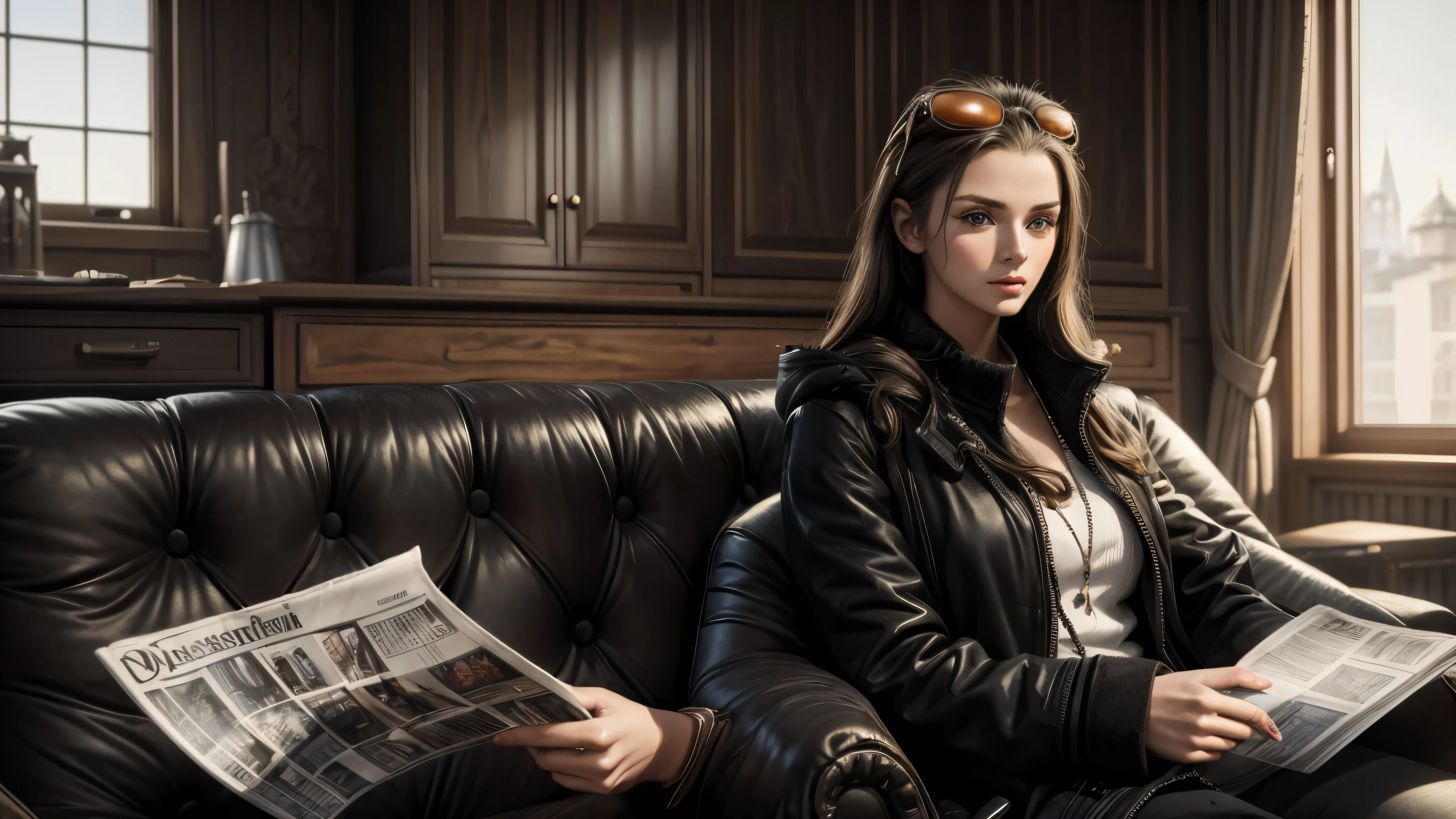 masterpiece, best quality, extremely detailed, hyperrealistic:1.1, photorealistic, a beautiful 20s russian woman model, ultra detailed face:1.1, sunglasses on head:1.1, black duffle coat, t-shirt, detailed living room, sitting, reading newspaper