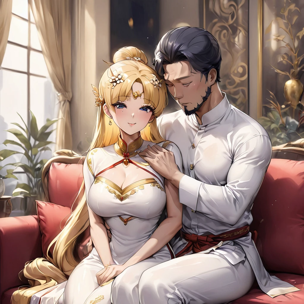 ((Highest quality)), ((masterpiece)), (detailed), (Perfect Face)、The woman is Tsukino Usagi, an Arab Muslim with vivid brown skin, and is wearing a gorgeous, glittering Arab national costume with gold embroidery, a gorgeous hijab, a gorgeous hair ornament, gorgeous jeweled accessories, and an engagement ring in a luxurious Islamic mansion. The woman and the man are sitting on a luxurious, large sofa in the luxurious room, and the woman is being embraced by a dignified, bearded, middle-aged Arab Muslim man wearing Arab national costume, who is touching her breasts and crotch and kissing her.、The woman is the elegant Tsukino Usagi, with long blonde hair in a chignon twin tail, wearing Arab national dress and a gorgeous hijab. She is a Muslim Arab with vivid brown skin.、(The woman is a brown-skinned Arab named Tsukino Usagi.)、The man is a Muslim, dignified, strong-looking, bearded, middle-aged Arab man wearing traditional Arab clothing.