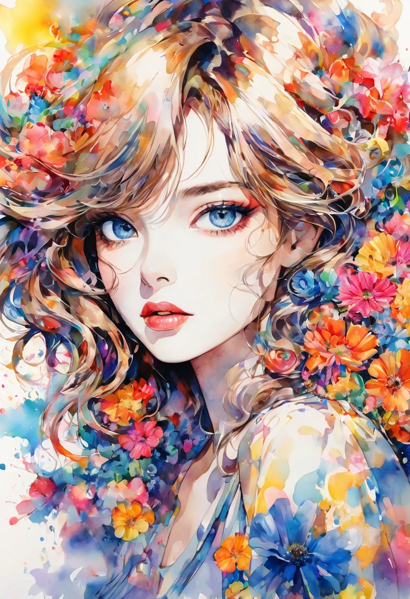 beautiful woman portrait, Sylvia Pelissero watercolors, colorful flowers、beautiful eyes、 abstract art, intense watercolor, watercolor detailed art, watercolor splash, surreal, avant-garde pop art, Beautiful and expressive paintings, Beautiful artwork illustration, very colorful tones, wonderful, cool beauty, highest quality,official art, women only, sharp outline, best shot, vector art, lips in love、 (((The strongest beautiful women of all time))), (((Japanese)))、clear, (((highest quality))), lips in love, HDR, ((Detailed details)), stylish fashion, detailed clothing texture, (((graffiti art))), colorful hair, ((masterpiece))、((Super detailed))