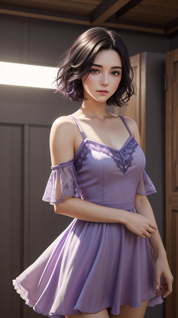 One girl, cowboy shot of beautiful There is, View your viewers, Light purple dress, Black Hair, blush, Short Bob, Sports Day Night, Volumetric lighting, Highest quality, masterpiece, Intricate details, Tone Mapping, Sharp focus, Super detailed, Trending on Art Station, There is, Realistic