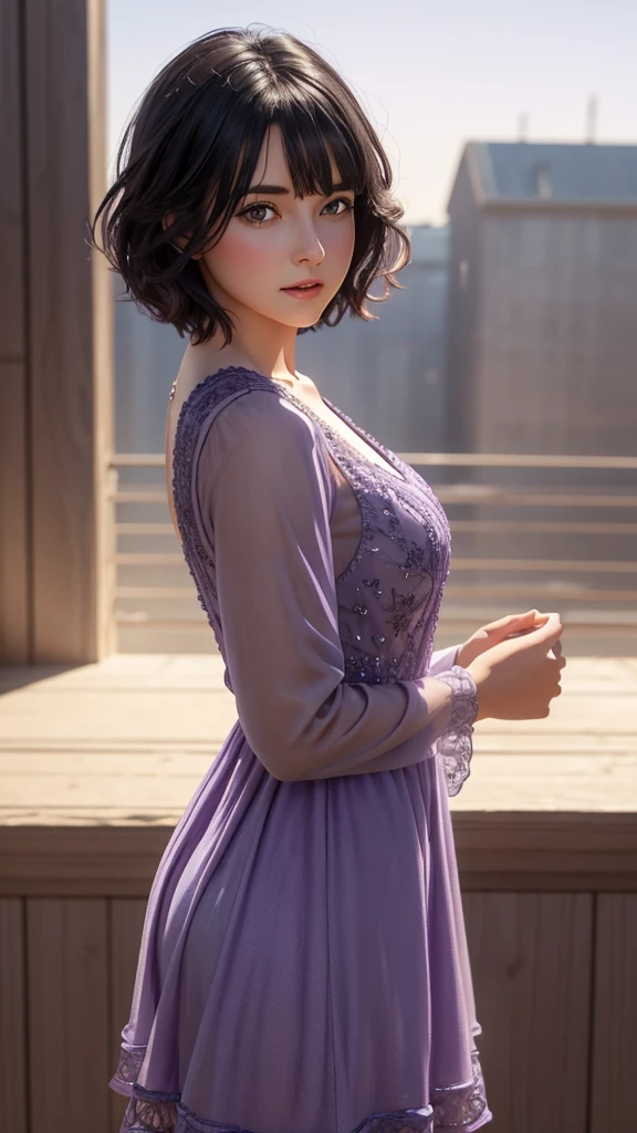 One girl, cowboy shot of beautiful There is, View your viewers, Light purple dress, Black Hair, blush, Short Bob, Sports Day Night, Volumetric lighting, Highest quality, masterpiece, Intricate details, Tone Mapping, Sharp focus, Super detailed, Trending on Art Station, There is, Realistic 