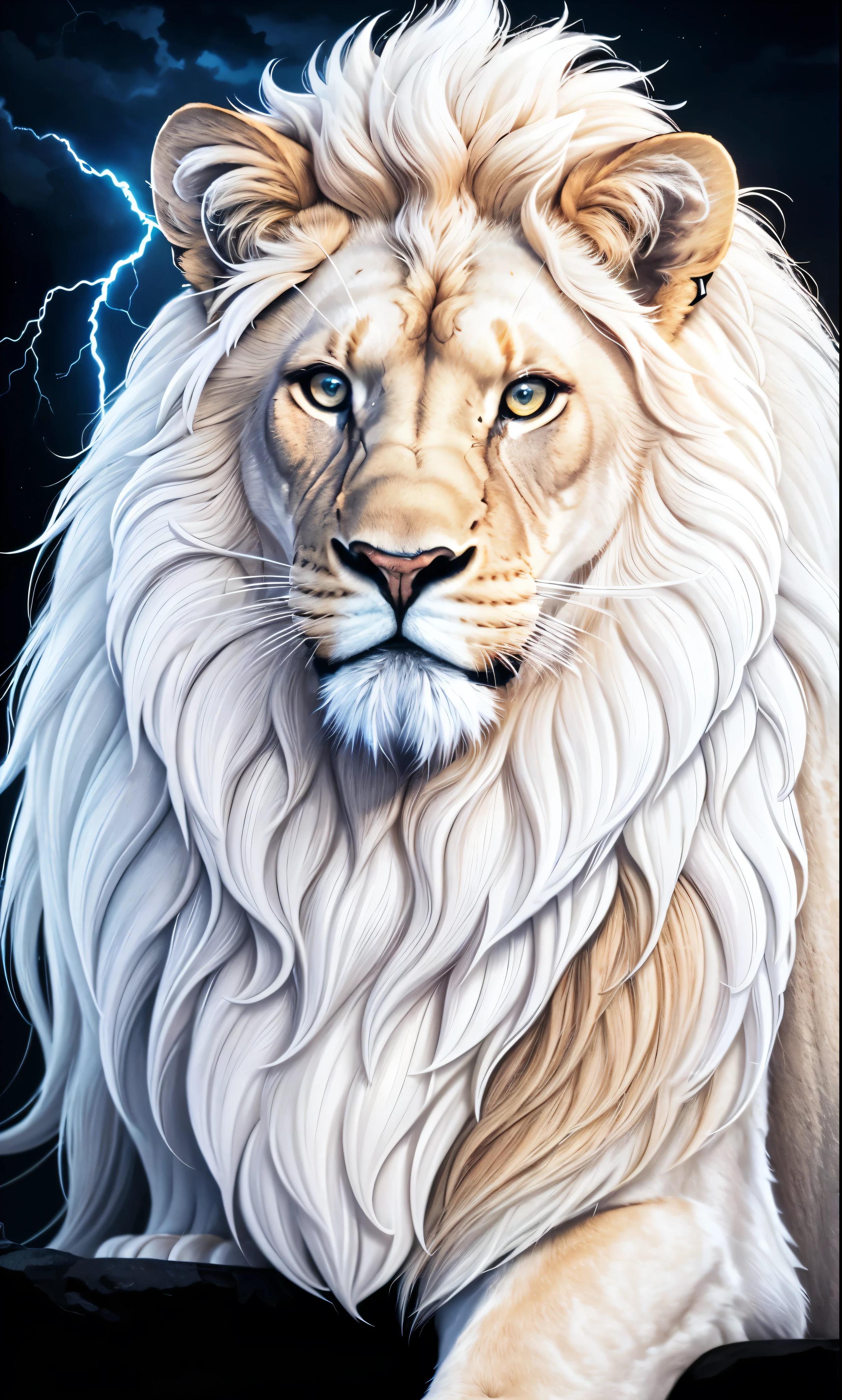 Lion, Divine Lion, naturals, thunder, Realistic Lion, rey, realistic detailed, Sunset light, sky, Sol noturno, realistic detailed 16K, Eletricidade Detalhada 8K, Darkness Background, Texturas realistas de 8K, Cores photorrealistic 8K, fire azul, realistic detailed Fire Bolt, sky Light Detailed, Power of thunder, Realistic Divine, golden crown, golden crown, golden crown, naturey, Linda, Rendering, photorrealistic, UltraHigh definition, 4K, detailed textures, thunder, detailed shadows, detailed colors, neon blue, blue light, lightning strikes, blue power, naturey Linda, Great Divine, peaceful face, naturalss, lightning strike, Electric Power Screw, detailed contrast, realistic contrast, high resolution, detailed colors, fire, villany, divine creature, 8K FullHD, realistic detailed, 16K, 8K, High definition, detailed contrast, realistic contrast, high resolution, detailed colors, fire, villany, divine creature, 8K Realistic Lion Face, realistic detailed, chic, elegance